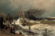 a fishing boat and a steamer in rough seas